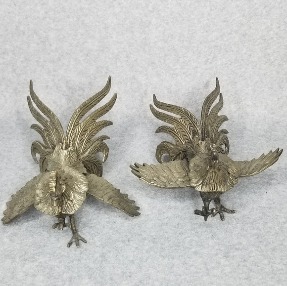 Pair Fighting Gamecock Roosters Vintage Italian Brass Figurines Made in Italy - Picture 9 of 17